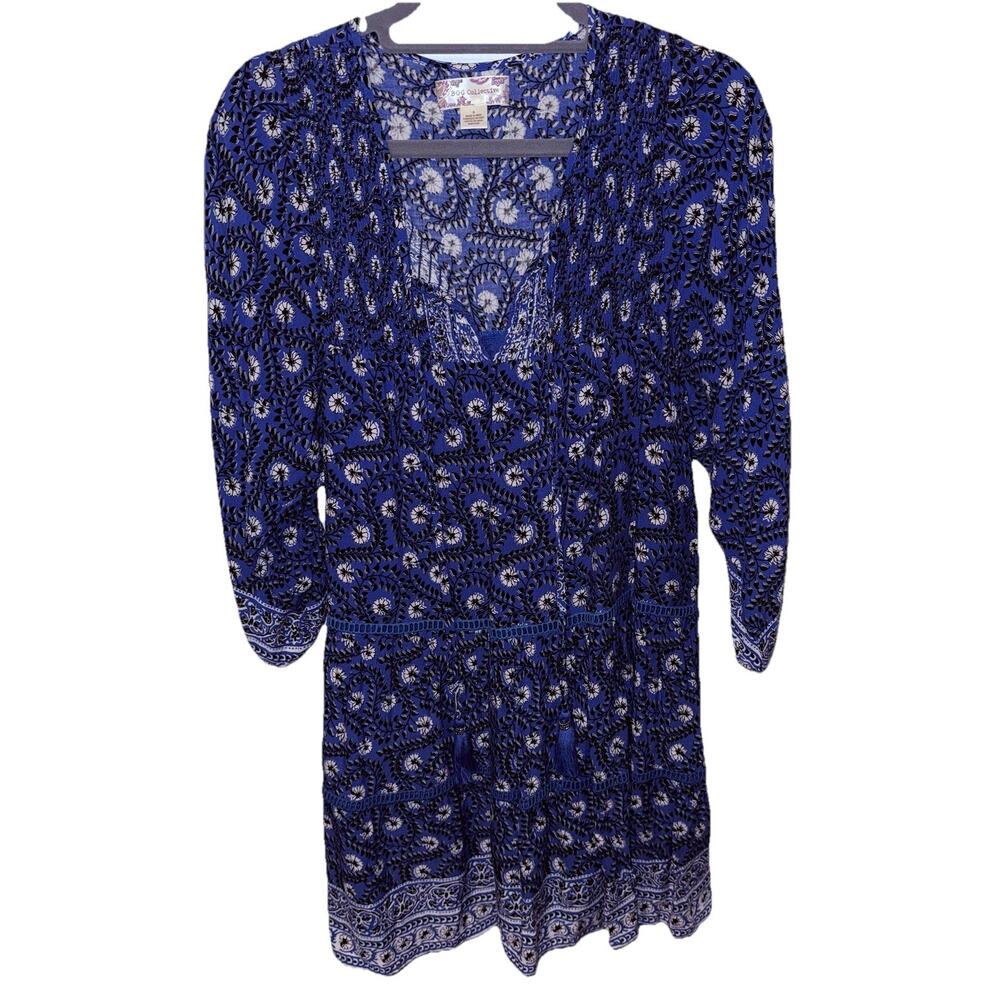 BOG Collective Blue & White Floral Tassel Tunic Mini Dress Size Small